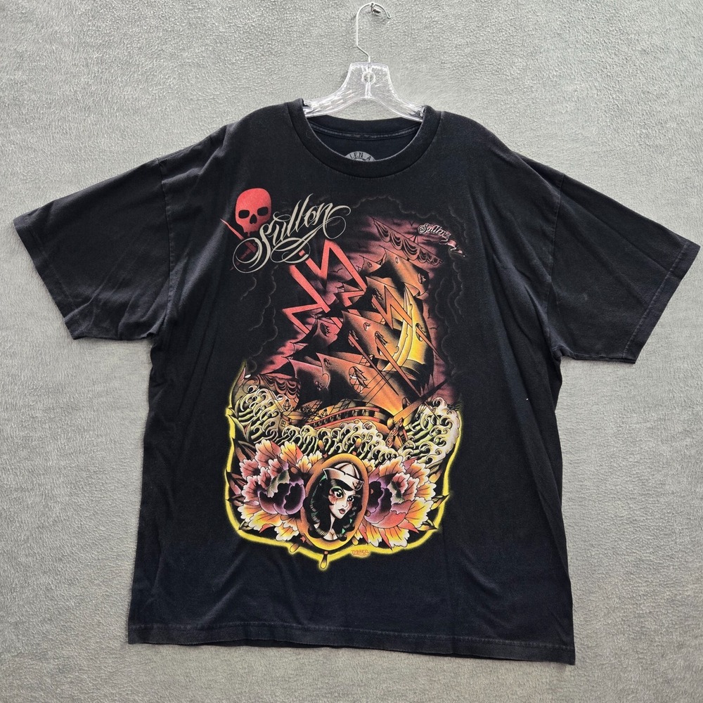 Sullen Men Shirt 2XL Black Tybred Pirates Floral Skull Ink Logo Graphic Tee - Picture 1 of 9